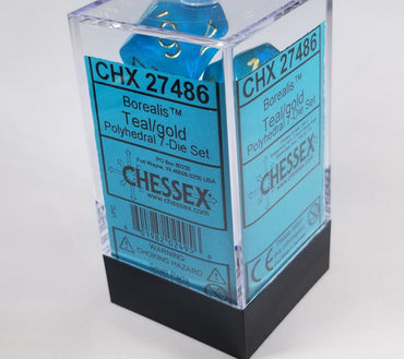 CHX 27486 Polyhedral 7-Die Borealis Teal w/ Gold Numbers Set Of 7 Dice Chessex (Online Only)