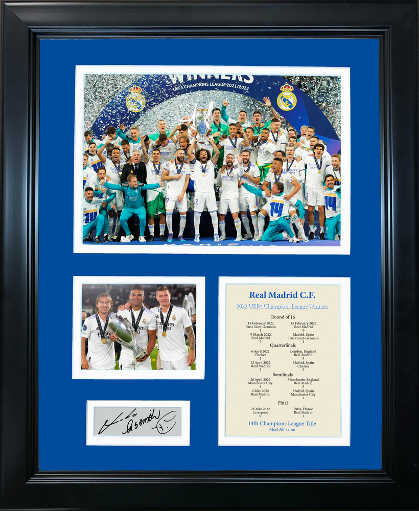 Framed Real Madrid CF 2021-2022 UEFA Champions League Winner Luka Modric Casemiro Toni Kroos Facsimile Laser Engraved Signature Auto 11"x14"Futbol Soccer Photo Sig Collage (ONLINE ORDER ONLY)