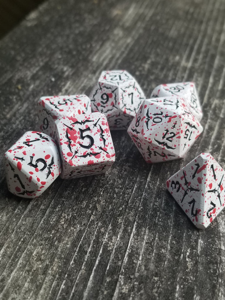 Battle Hardened Dice: White metal dice w/Black numbering and Red Splatter 7- Dice Set Rpg (Online Only)