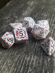 Battle Hardened Dice: White metal dice w/Black numbering and Red Splatter 7- Dice Set Rpg (Online Only)
