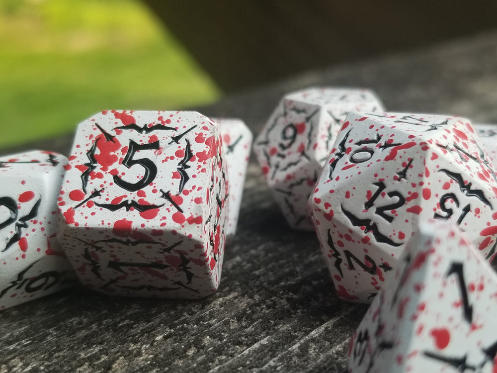 Battle Hardened Dice: White metal dice w/Black numbering and Red Splatter 7- Dice Set Rpg (Online Only)