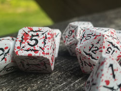 Battle Hardened Dice: White metal dice w/Black numbering and Red Splatter 7- Dice Set Rpg (Online Only)