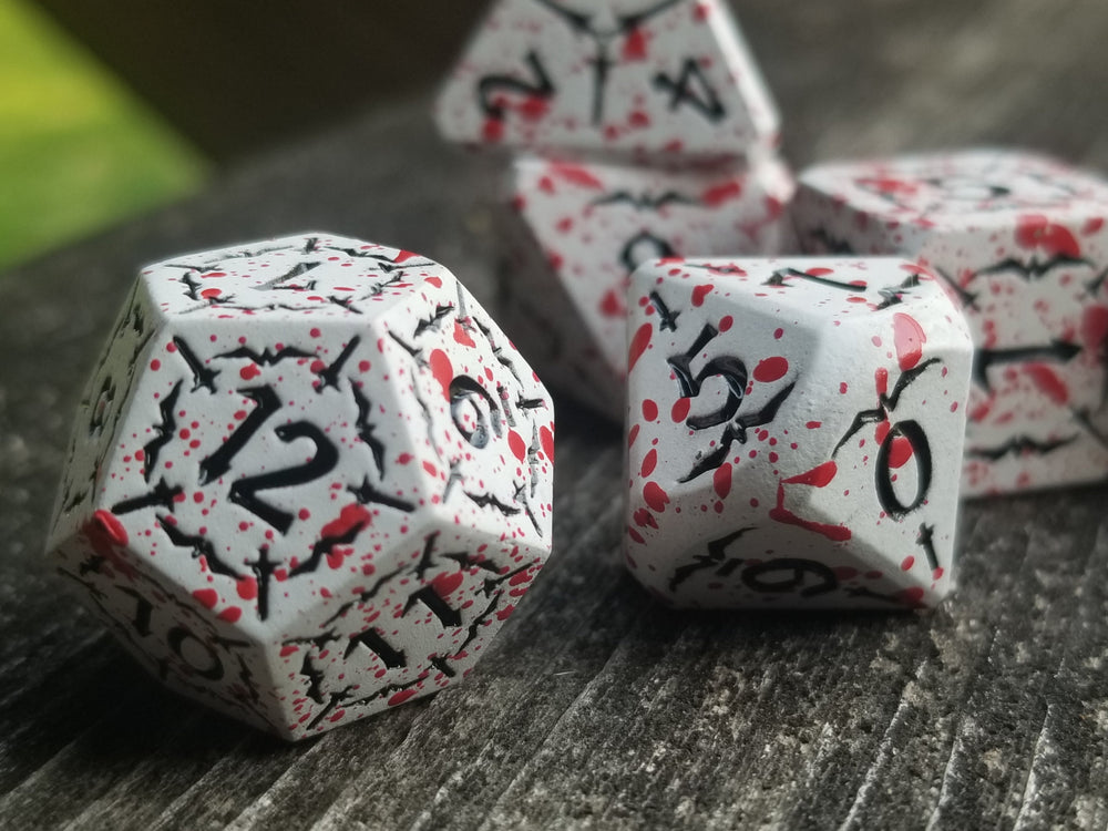 Battle Hardened Dice: White metal dice w/Black numbering and Red Splatter 7- Dice Set Rpg (Online Only)