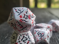 Battle Hardened Dice: White metal dice w/Black numbering and Red Splatter 7- Dice Set Rpg (Online Only)