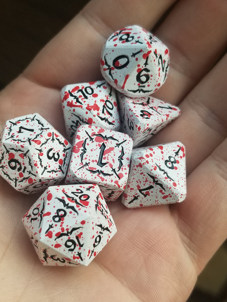 Battle Hardened Dice: White metal dice w/Black numbering and Red Splatter 7- Dice Set Rpg (Online Only)