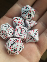 Battle Hardened Dice: White metal dice w/Black numbering and Red Splatter 7- Dice Set Rpg (Online Only)