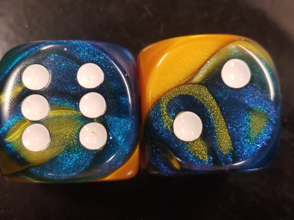 Gemini® 30mm w/pips Blue-Gold/white d6 Dice (sold per die) (Online Only)