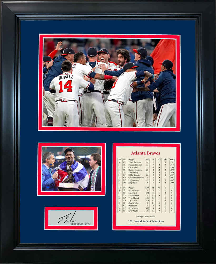 Framed Atlanta Braves 2021 World Series Champions Facsimile Laser Engraved Jorge Soler MVP Signature Auto 11"x14"Baseball Photo Sig Collage (ONLINE ORDER ONLY)