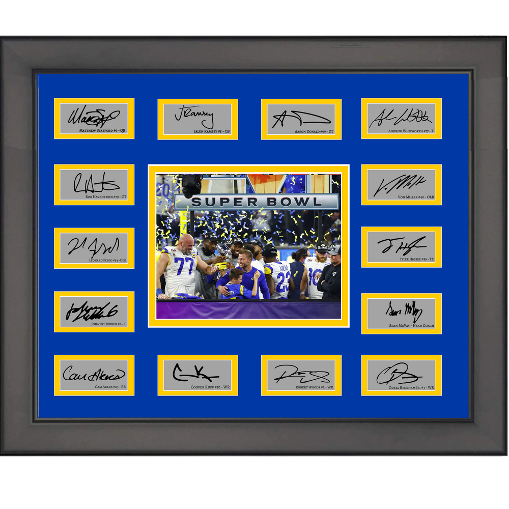 Framed 2021 Los Angeles Rams NFL Super Bowl Champions Team Facsimile Laser Engraved Signature Auto Collage 20x25 Football Photo (ONLINE ORDER ONLY)
