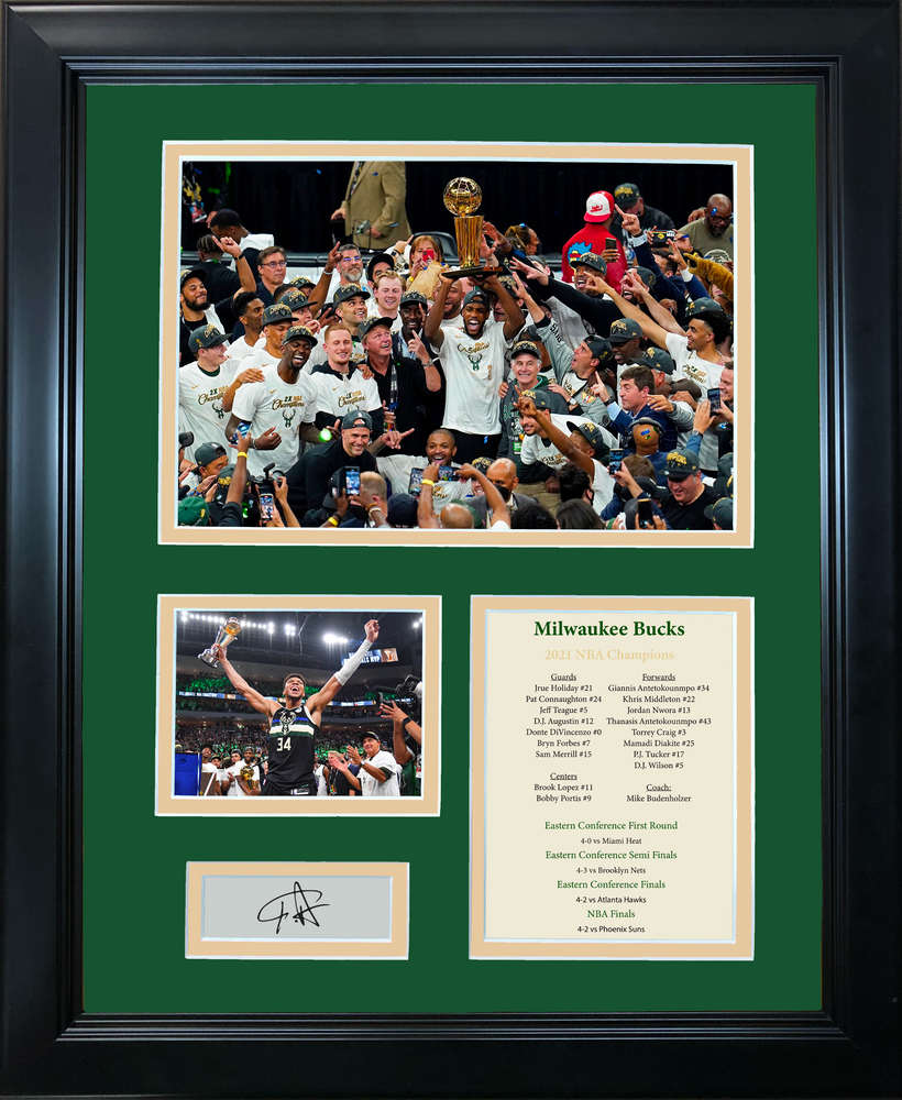 Framed Milwaukee Bucks 2021 NBA Finals Champions Giannis Antetokounmpo MVP Facsimile Laser Engraved Signature Auto Basketball 11"x14" Photo Sig Collage (ONLINE ORDER ONLY)