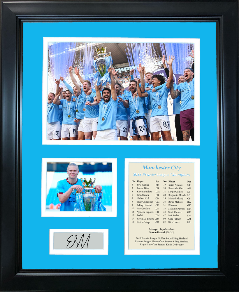 Framed Manchester City 2022-23 Premier League Champions Erling Haaland Facsimile Laser Engraved Signature Auto Soccer Futbol 11"x14" Photo Sig Collage (ONLINE ORDER ONLY)