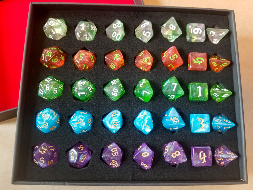 (Acrylic) 7-Dice Sets Gift Box | 5 Sets, Different Colors, Dungeons & Dragons Dice (Online Only)