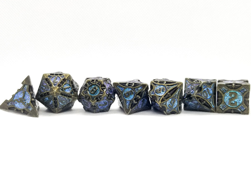 Dark Silver w/purple-blue Glitter Barbed Strengthened Metal 7-Dice Set | Metal DND Dice (Online Only)