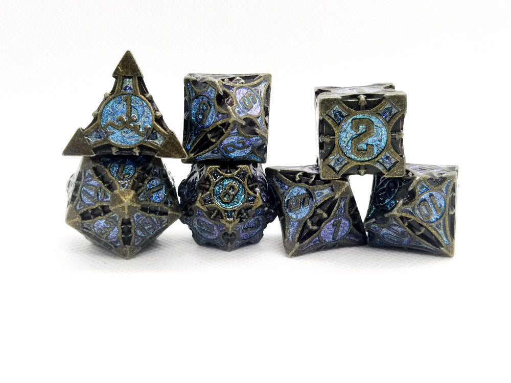 Dark Silver w/purple-blue Glitter Barbed Strengthened Metal 7-Dice Set | Metal DND Dice (Online Only)