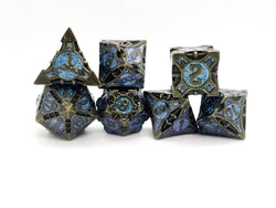 Dark Silver w/purple-blue Glitter Barbed Strengthened Metal 7-Dice Set | Metal DND Dice (Online Only)
