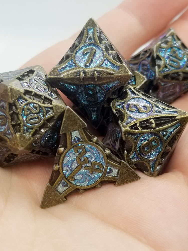 Dark Silver w/purple-blue Glitter Barbed Strengthened Metal 7-Dice Set | Metal DND Dice (Online Only)