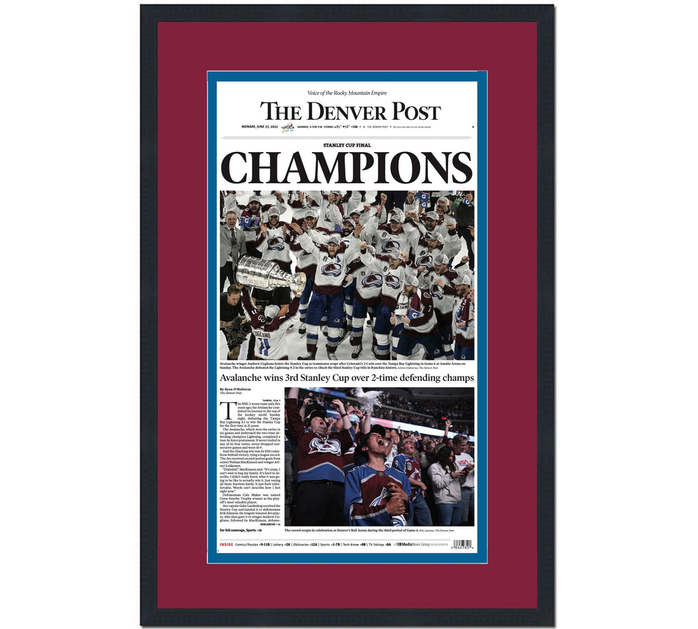 Framed Denver Post Colorado Avalanche 2022 Stanley Cup Champions 14x24 Hockey Newspaper Cover Photo Professionally Matted V1 (ONLINE ORDER ONLY)