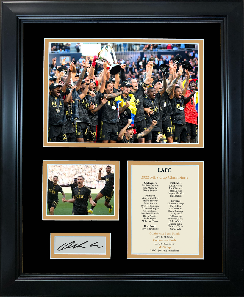 Framed LAFC 2022 MLC Cup Champions Facsimile Laser Engraved Carlos Vela Captain Signature Auto 11"x14" Soccer Futbol Photo Sig Collage (ONLINE ORDER ONLY)