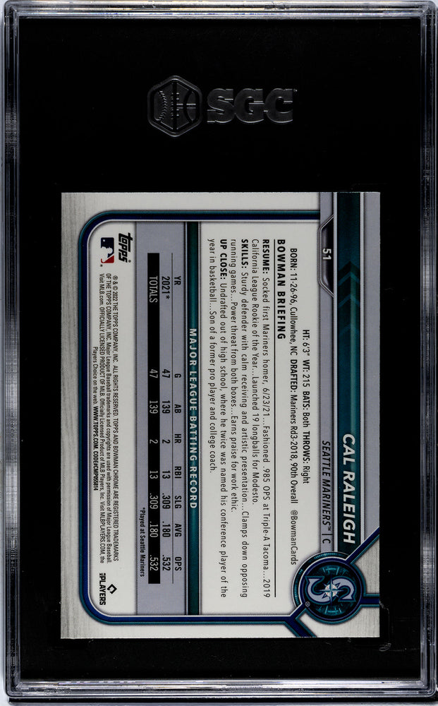 Graded 2022 Topps Bowman Chrome Cal Raleigh #51 Rookie RC Baseball Card SGC 9 Mint (ONLINE ORDER ONLY)