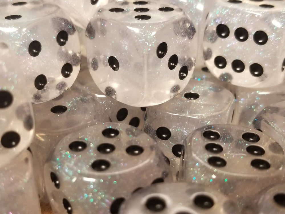 The Time Walker | Clear Glitter 16mm d6 Dice w/Black (Online Only)