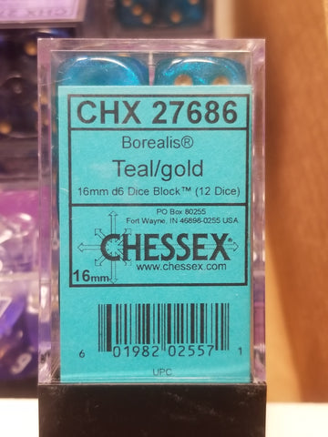 CHX 27686 16mm Block Borealis Teal w/ Gold Pips Dice Set Chessex (Online Only)