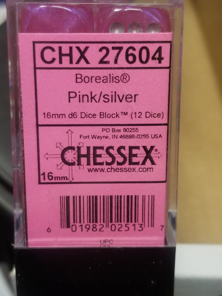 CHX 27604 16mm Block Borealis Pink w/ Silver Pips Dice Set Chessex (Online Only)