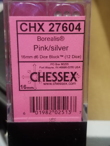 CHX 27604 16mm Block Borealis Pink w/ Silver Pips Dice Set Chessex (Online Only)