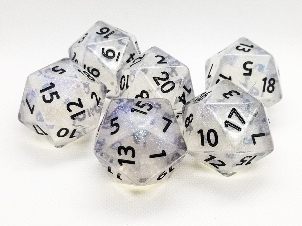 The Time Walker | Clear Glitter 34mm d20 CHONK RPG Dice Set w/Black (Online Only)
