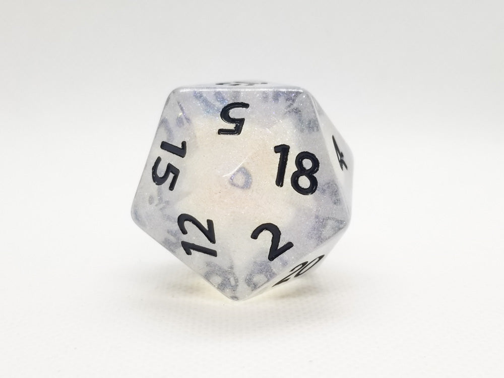The Time Walker | Clear Glitter 34mm d20 CHONK RPG Dice Set w/Black (Online Only)