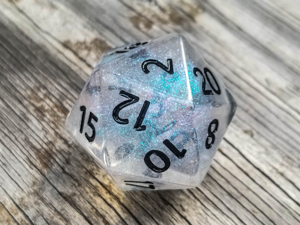 The Time Walker | Clear Glitter 34mm d20 CHONK RPG Dice Set w/Black (Online Only)