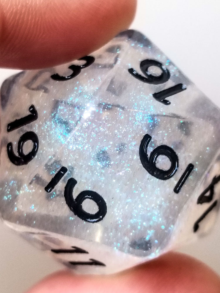 The Time Walker | Clear Glitter 34mm d20 CHONK RPG Dice Set w/Black (Online Only)