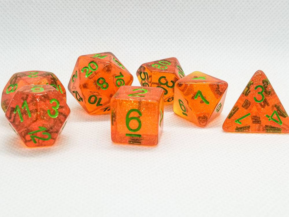 Time Walker | Orange w/Green Glitter 7-Dice Set RPG Dice Set (Online Only)