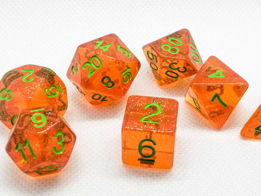Time Walker | Orange w/Green Glitter 7-Dice Set RPG Dice Set (Online Only)
