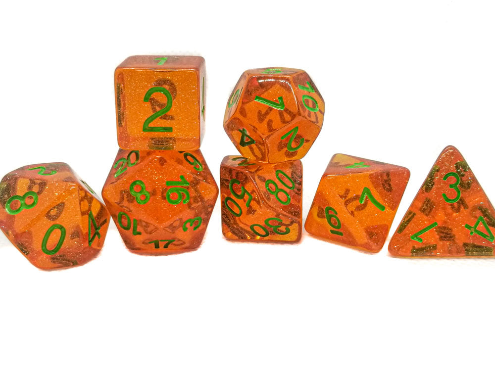 Time Walker | Orange w/Green Glitter 7-Dice Set RPG Dice Set (Online Only)