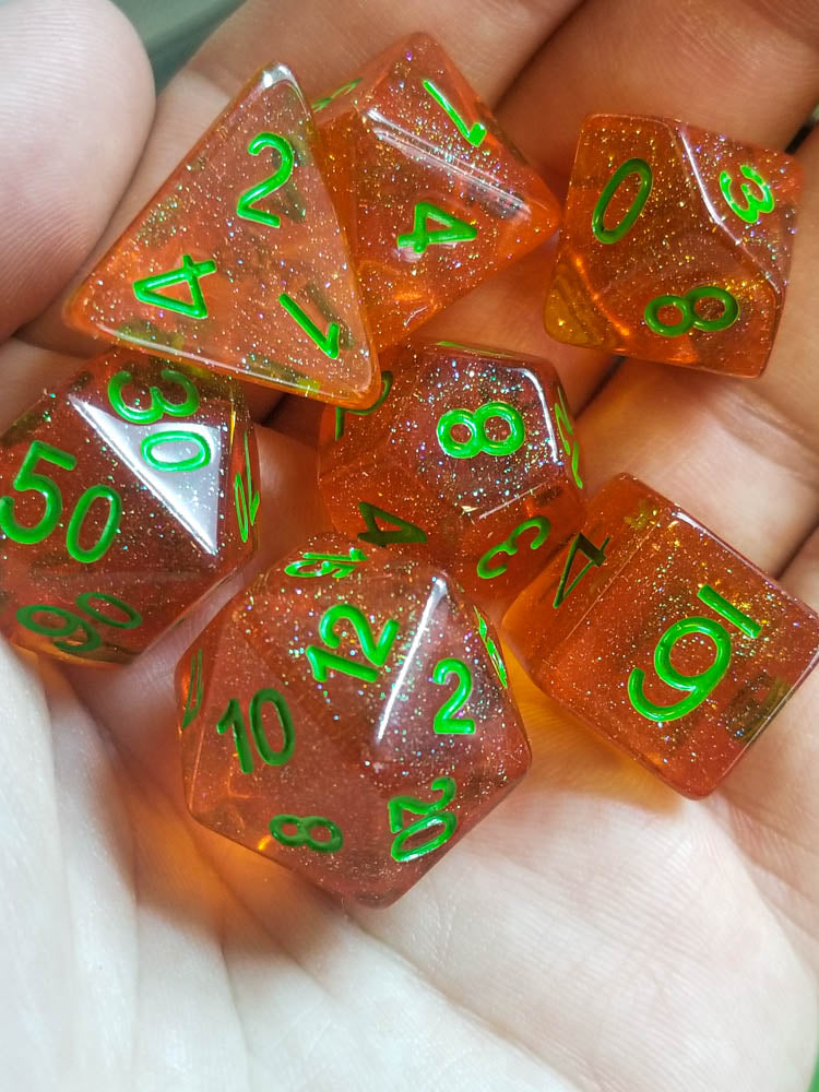 Time Walker | Orange w/Green Glitter 7-Dice Set RPG Dice Set (Online Only)