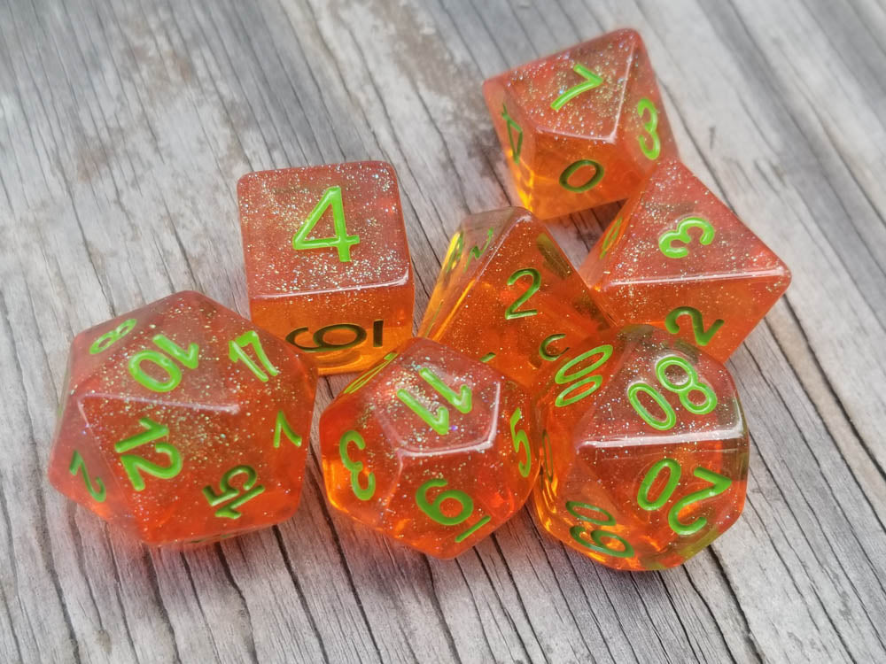Time Walker | Orange w/Green Glitter 7-Dice Set RPG Dice Set (Online Only)