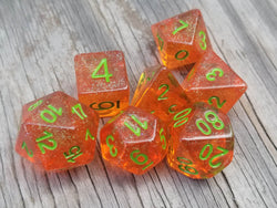 Time Walker | Orange w/Green Glitter 7-Dice Set RPG Dice Set (Online Only)