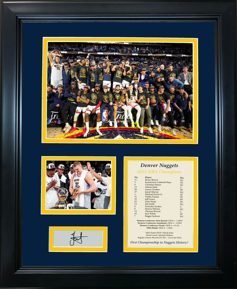 Framed Denver Nuggets 2023 NBA Champions Nikola Jokic MVP Facsimile Laser Engraved Signature Auto Basketball 11"x14" Photo Sig Collage (ONLINE ORDER ONLY)