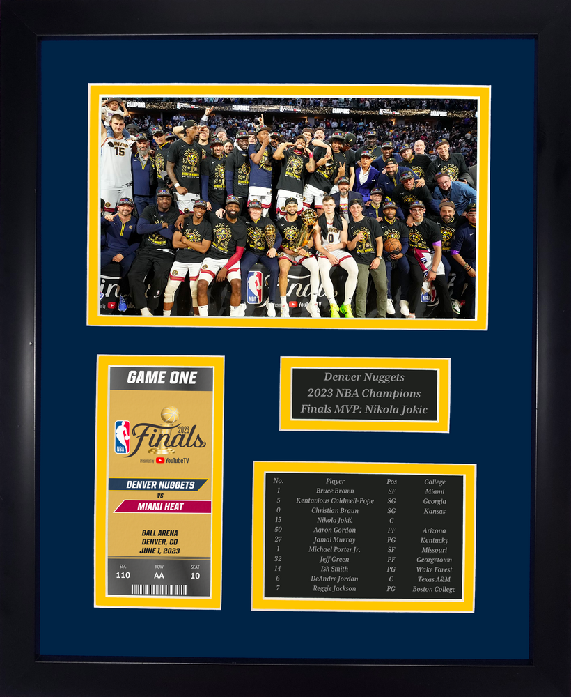 Framed Denver Nuggets 2023 NBA Champions Laser Engraved Replica Commemorative Ticket Collage  12 x15  Basketball Photo (ONLINE ORDER ONLY)