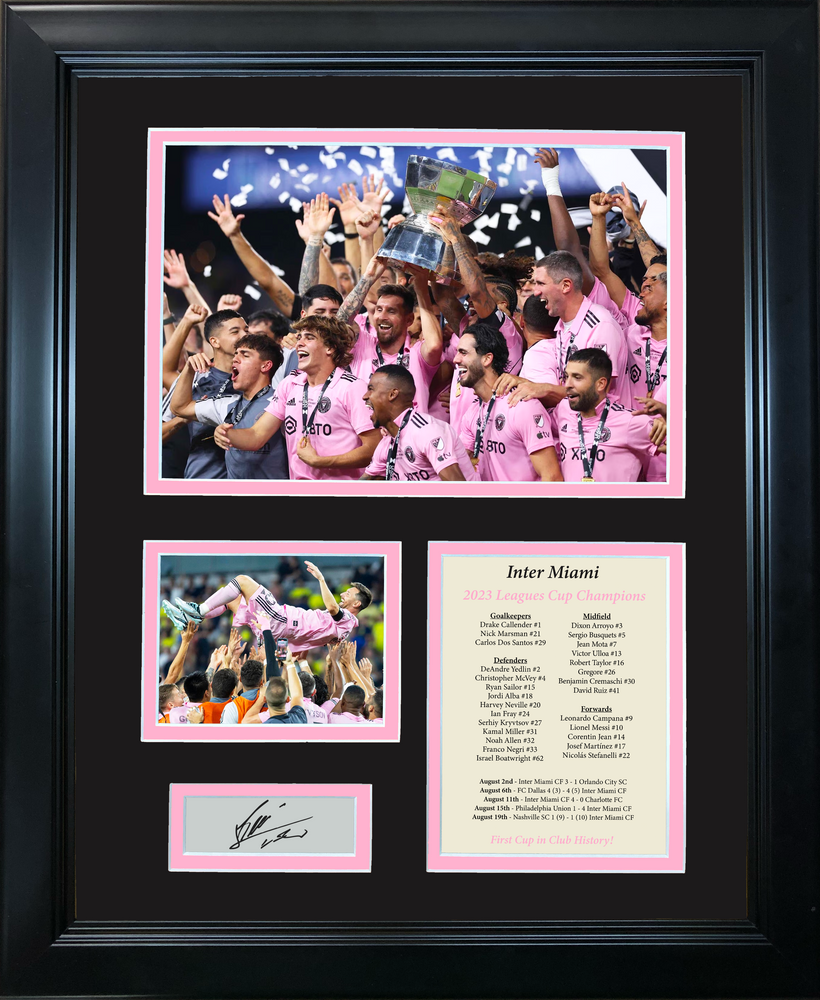 Framed Inter Miami CF 2023 Leagues Cup Champions Facsimile Laser Engraved Lionel Messi Signature Auto 11"x14" Soccer Futbol Photo Sig Collage (ONLINE ORDER ONLY)