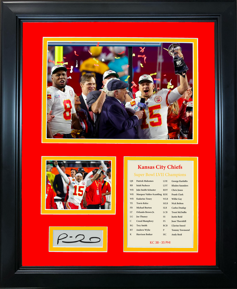 Framed Kansas City Chiefs Super Bowl LVII Champions Patrick Mahomes MVP Facsimile Laser Engraved Signature Auto Football 11"x14" Photo Sig Collage (ONLINE ORDER ONLY)