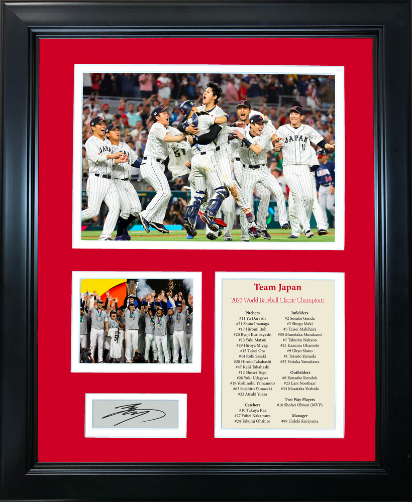 Framed Japan 2023 World Baseball Classic Champions Shohei Ohtani MVP Facsimile Laser Engraved Signature Auto Baseball 11"x14" Photo Sig Collage (ONLINE ORDER ONLY)