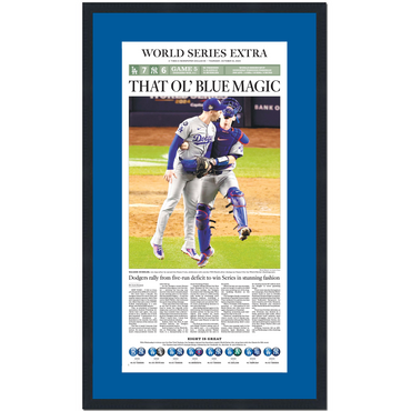 Framed Los Angeles LA Times Dodgers That Ol' Blue Magic 2024 World Series Champions 15x25 Baseball Newspaper Cover Photo Professionally Matted (ONLINE ORDER ONLY)