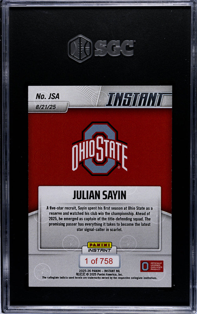 Graded 2025 Panini Instant NIL Julian Sayin #JSA Rookie RC Football Card SGC 10 Gem Mint (ONLINE ORDER ONLY)