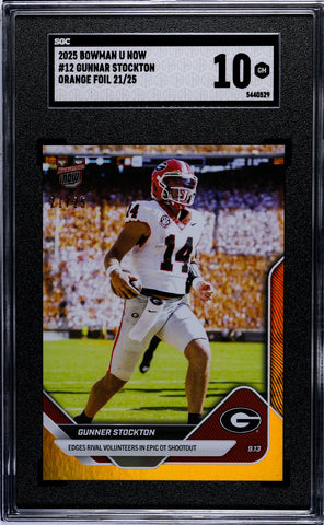 Graded 2025 Topps Bowman U Now Gunner Stockton #12 Orange Foil /25 Rookie RC Football Card SGC 10 Gem Mint (ONLINE ORDER ONLY)