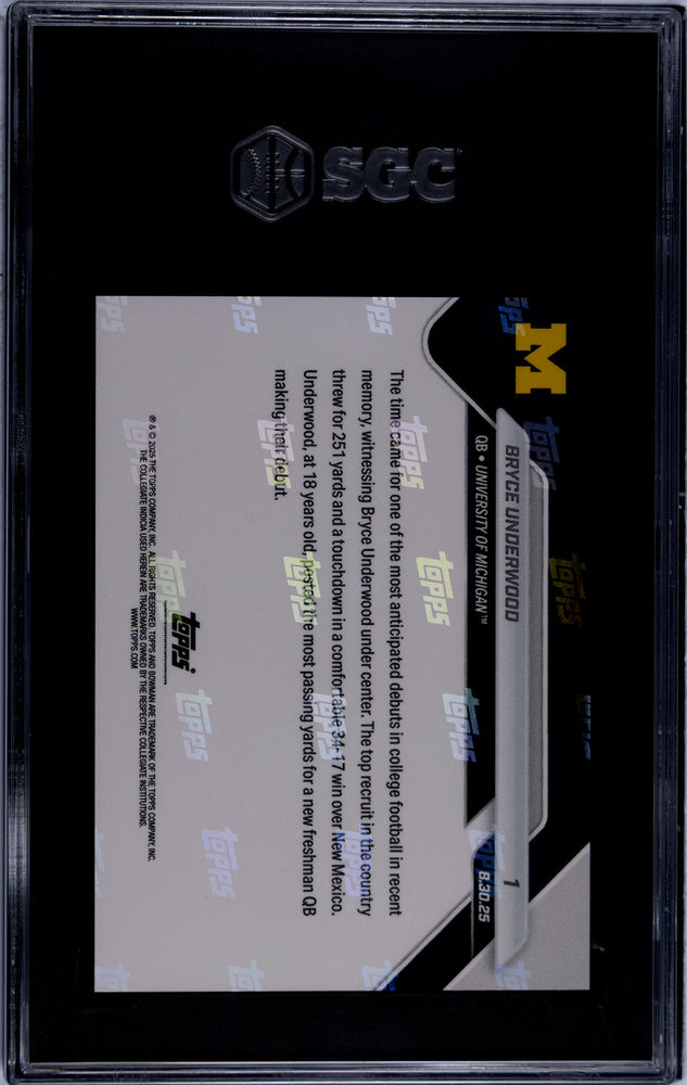 Graded 2025 Topps Bowman U Now Bryce Underwood #1 Generational Recruit Shines in Wolverines Debut Rookie RC Football Card SGC 10 Gem Mint (ONLINE ORDER ONLY)