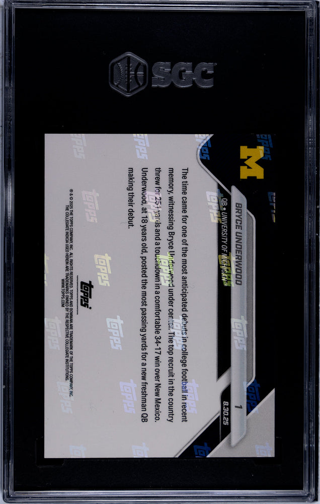 Graded 2025 Topps Bowman U Now Bryce Underwood #1 Generational Recruit Shines in Wolverines Debut Rookie RC Football Card SGC 9 Mint (ONLINE ORDER ONLY)