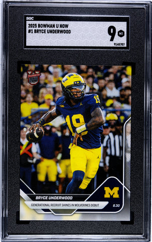 Graded 2025 Topps Bowman U Now Bryce Underwood #1 Generational Recruit Shines in Wolverines Debut Rookie RC Football Card SGC 9 Mint (ONLINE ORDER ONLY)