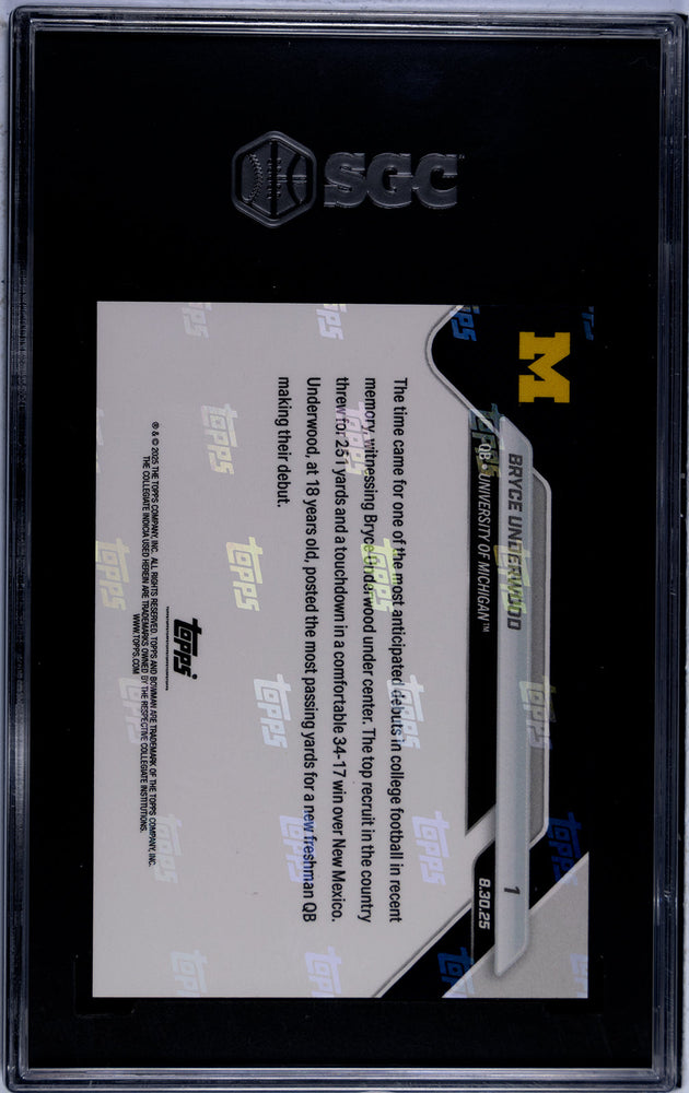 Graded 2025 Topps Bowman U Now Bryce Underwood #1 Generational Recruit Shines in Wolverines Debut Rookie RC Football Card SGC 9.5 Mint+ (ONLINE ORDER ONLY)