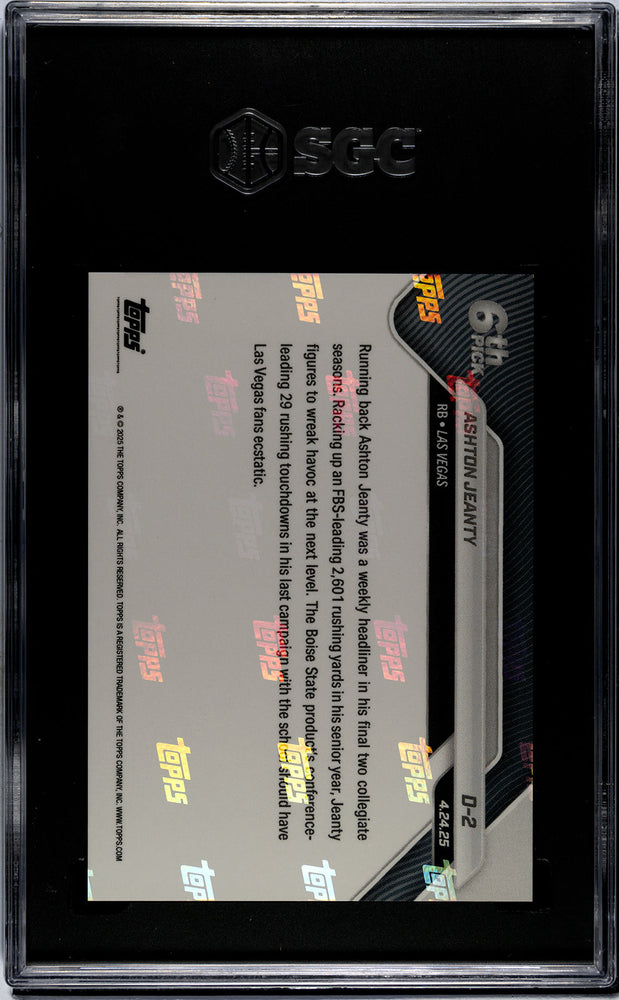 Graded 2025 Topps Now Ashton Jeanty #D2 Record Setting RB Selected 6th Overall Rookie RC Football Card SGC 10 Gem Mint (ONLINE ORDER ONLY)